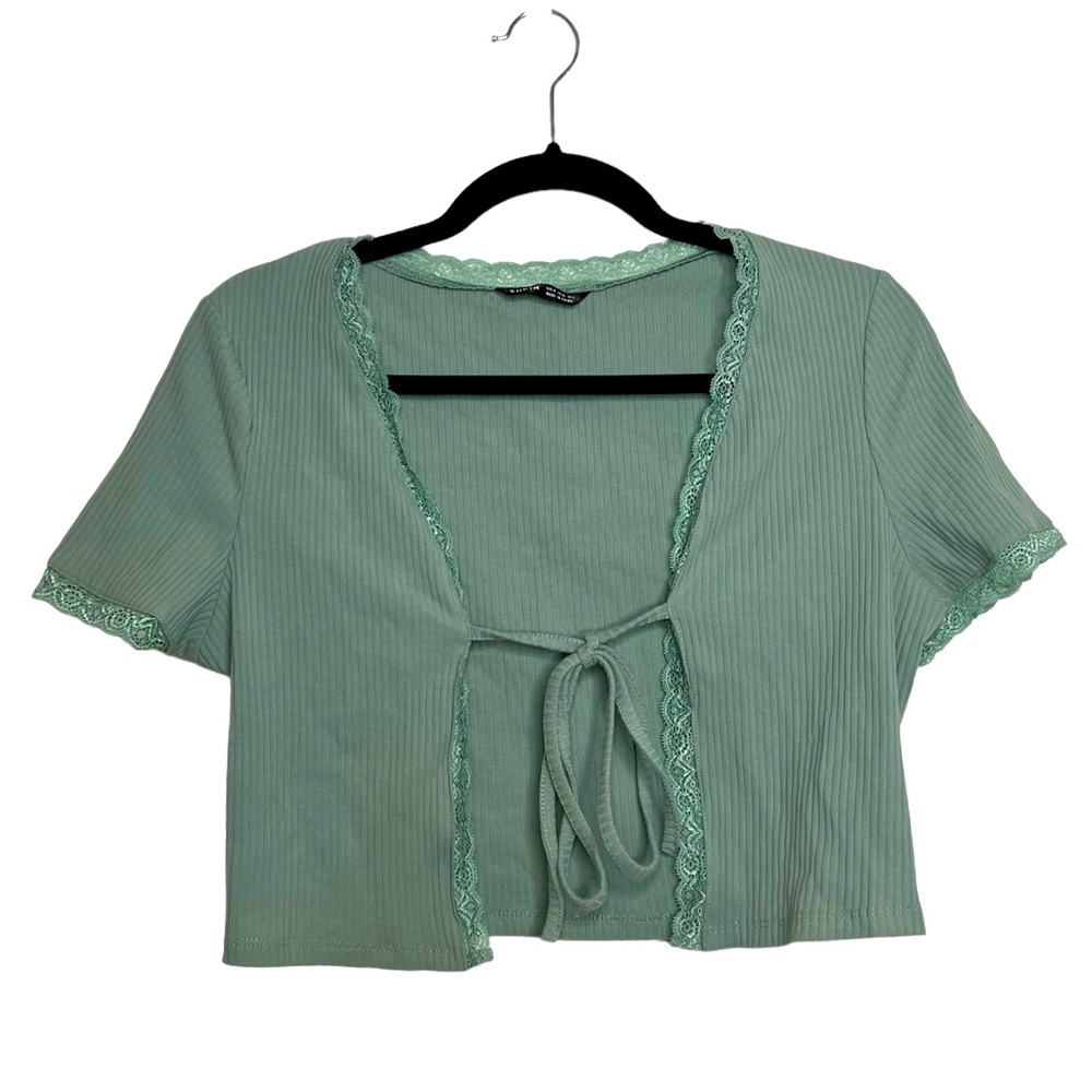knot front lace trim rib-knit top